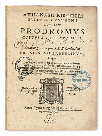 GRAMMARS, DICTIONARIES, etc.  KIRCHER, ATHANASIUS, S.J. Prodromus Coptus sive Aegyptiacus.  1636